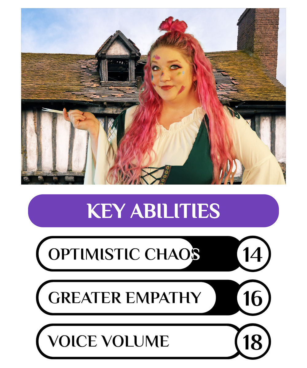 Picture of a woman with long pink hair holding a paint brush with paint smudges on her face.  Key statistics are listed below as: Optimistic Chaos 14, Greater Empathy 16, Voice Volume 18 