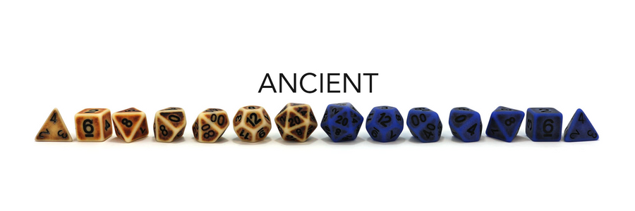 ancient dice collection of bone and blue colored 7-piece dice sets