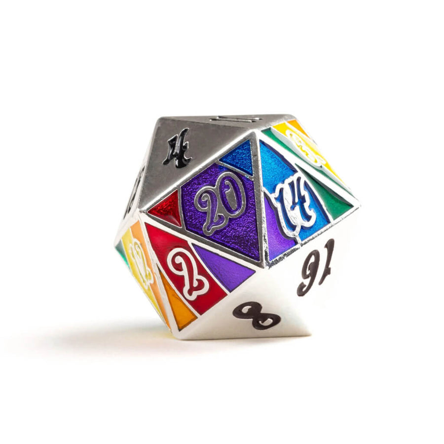 An oversized metal D20 painted in rainbow colors, standing 25mm tall