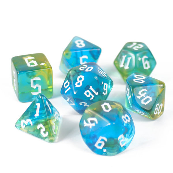 Blue and green rpg dice set