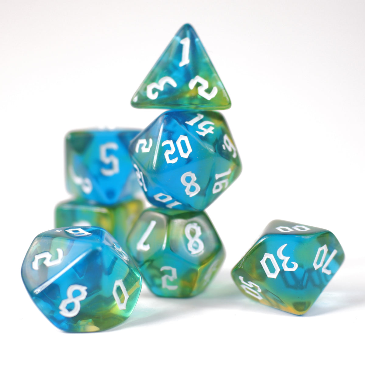 Blue and green rpg dice set