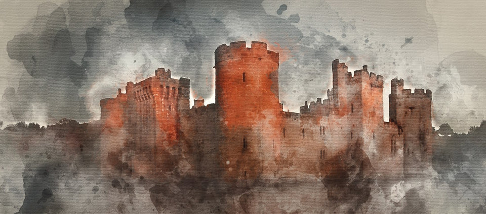  Watercolor style castle in orange and gray colors.