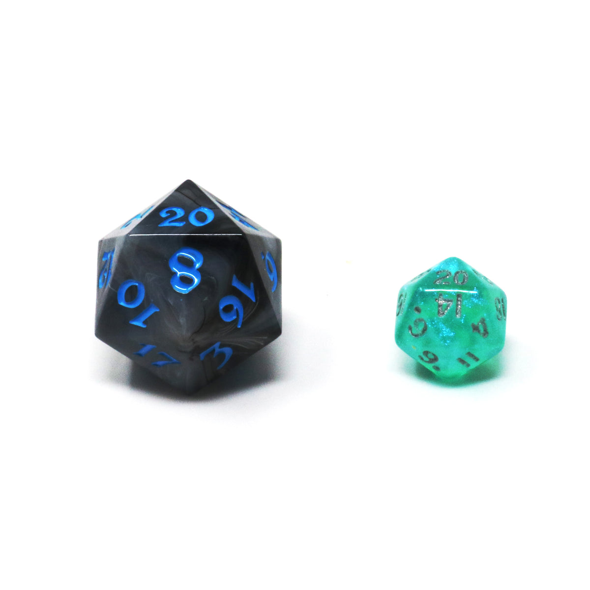 Size comparison image showing a regular sized d20 and a smaller critling d20