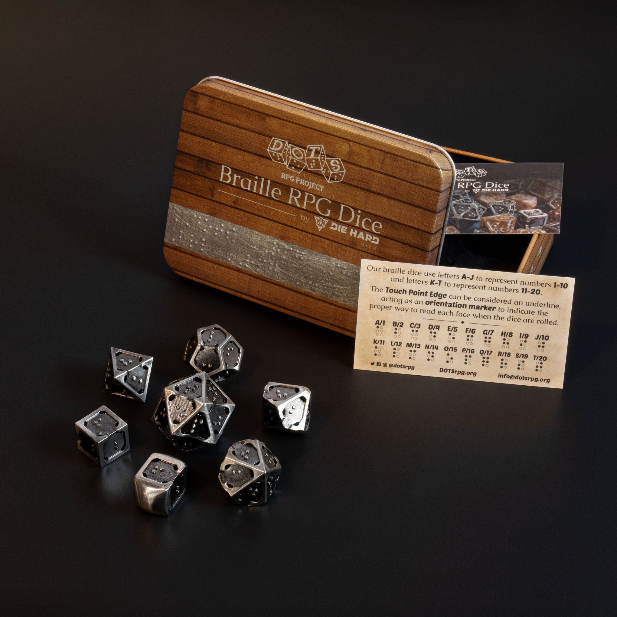 braille mtg cards 7pc RPG Set - DOTS Braille Hollow Metal