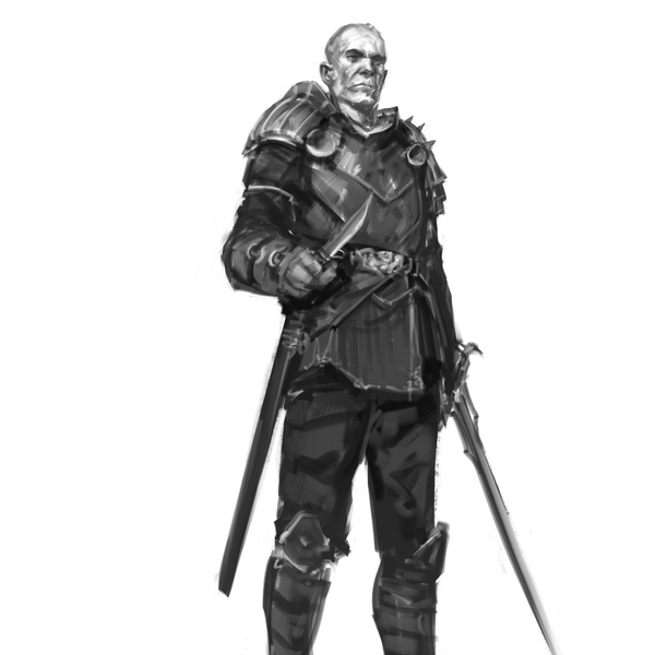 Black and white illustration of a warrior in armor holding a sword and shield on a white background