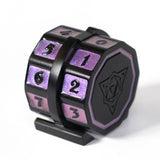 metal life counter for TCGs with matte-black plating and a shimmery purple inlay
