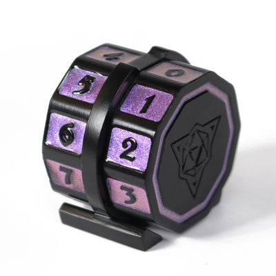 metal life counter for TCGs with matte-black plating and a shimmery purple inlay
