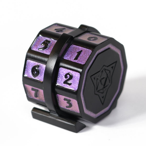 metal life counter for TCGs with matte-black plating and a shimmery purple inlay