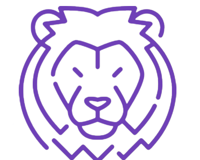 Outline drawing of a lion's head in purple