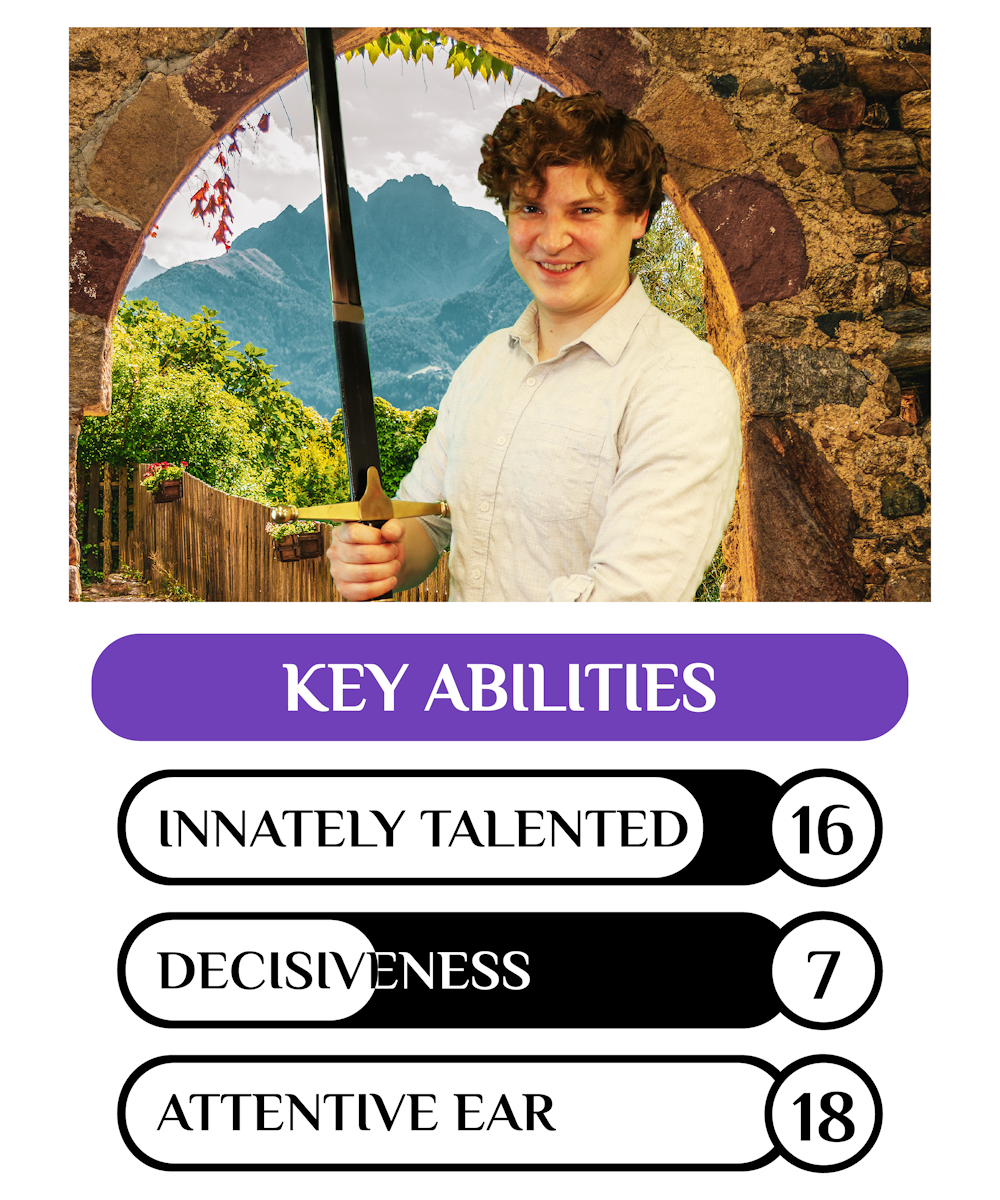 Picture of a smiling man holding a two-handed sword.  Key statistics are listed below as: Innately Talented 16,  Decisiveness 7, Attentive Ear 18