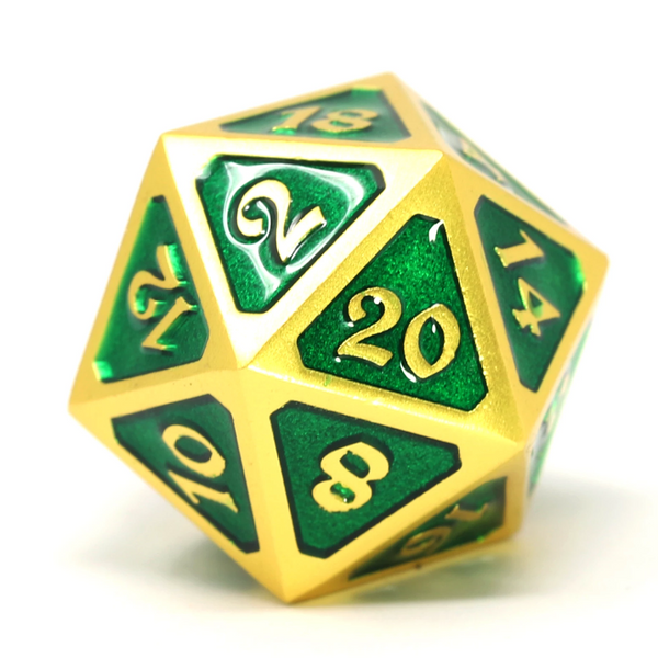 Single d20 - Mythica Satin Gold Emerald by Die Hard Dice