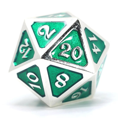 Single d20 - Mythica Platinum Emerald by Die Hard Dice