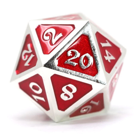 Chrome plated metal dice with red inlays on each face